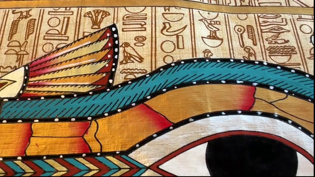 ラーの目パピルス画、エジプト神話美術、手描き（17x13インチ - 43 x