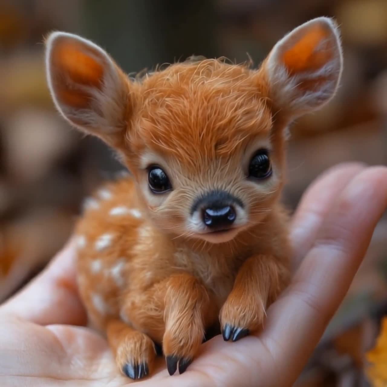 手に抱かれた子鹿のデジタルプリント、かわいい小さな野生動物の子供