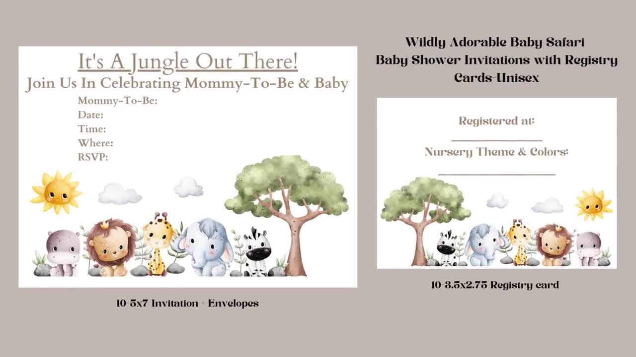 Wildly Adorable Baby Safari Baby Shower Invitations with Registry Cards  Unisex