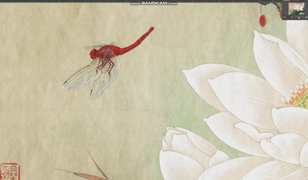 白い蓮の花と赤いトンボの細心の絵画、HDプリント、中国の水彩画の蓮の