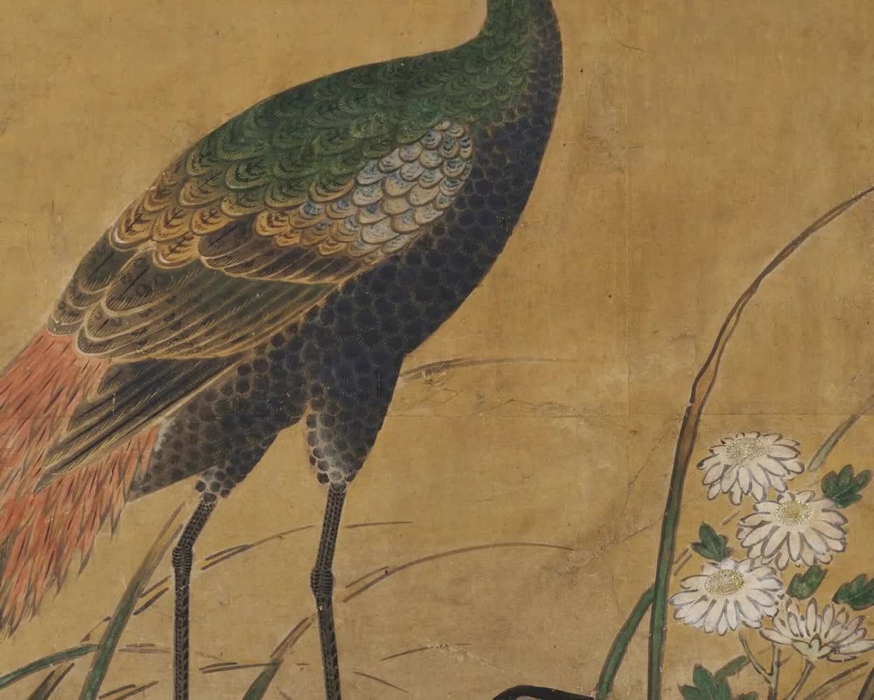 アジア庭園のクジャク、趣のある日本の植物画の屏風アート、剥がして
