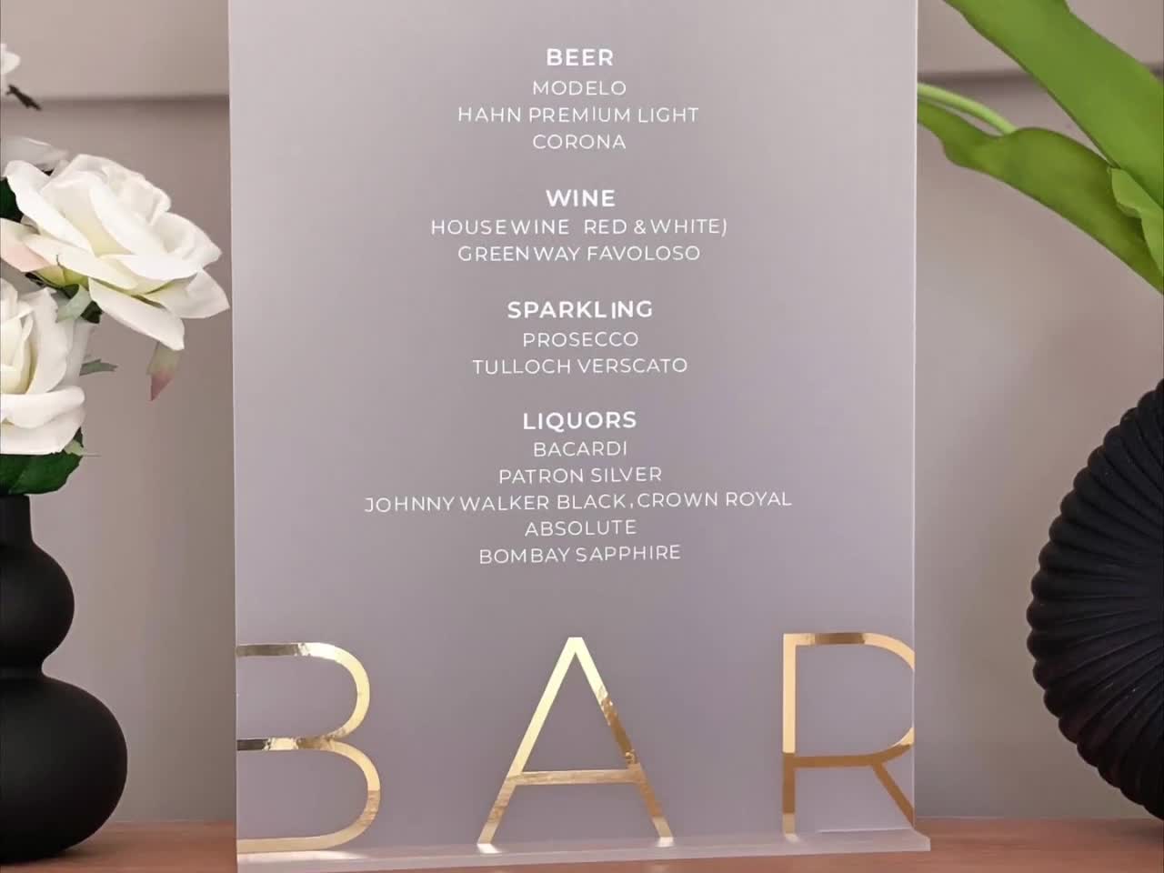 Smokey Black Bar Sign - Acrylic Bar Sign - Wedding Signage - Wedding Decoration - Reception Signage - Bar online Menu - Drinks Menu Wedding Sign