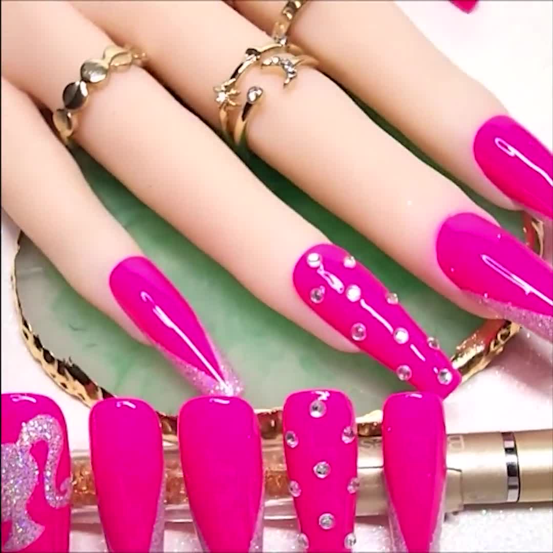 Hot Pink Glitter And Rhinestone Barbie Girl Custom Press On Nails | Glue on  nails | False Nails