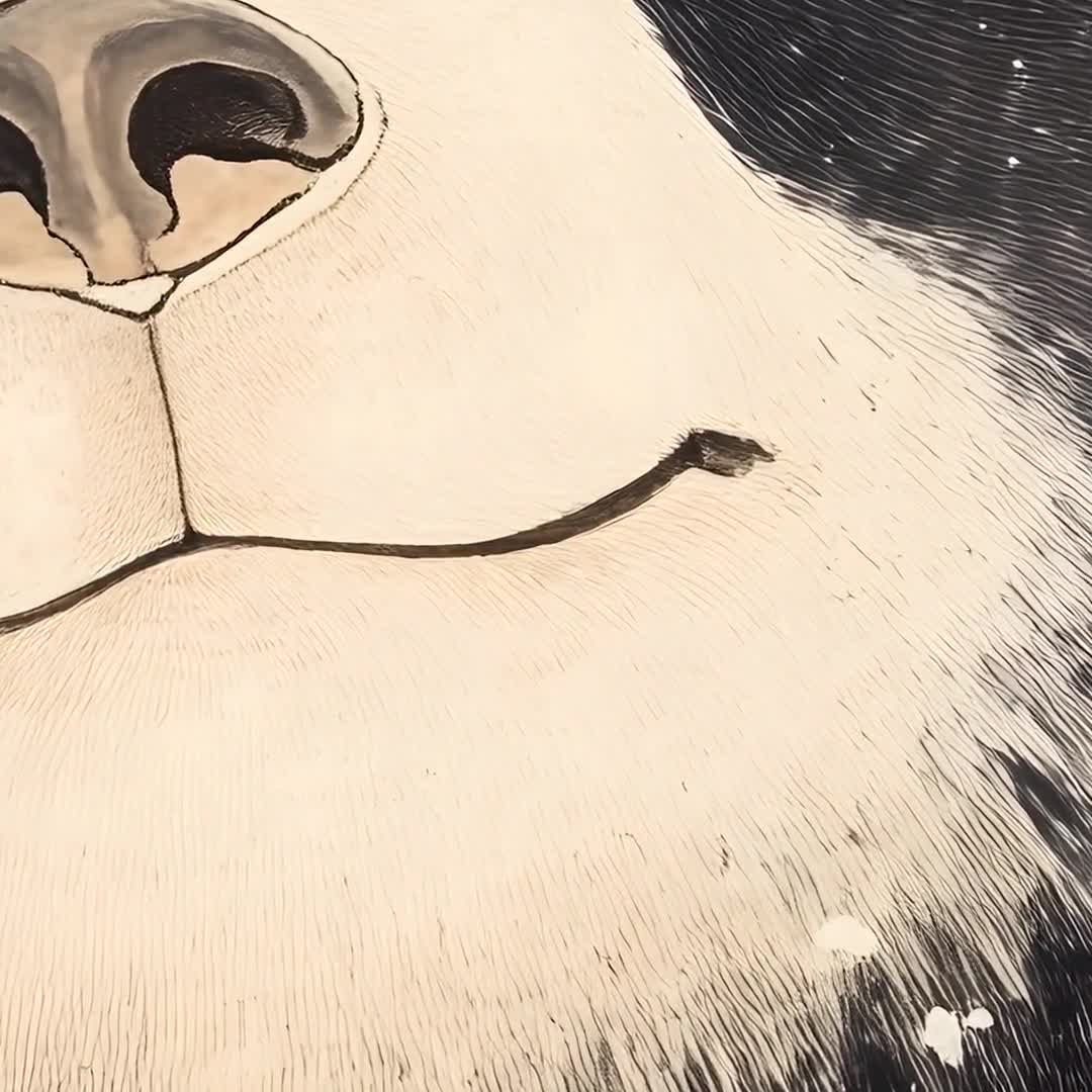 和風の笑顔の熊の木版画イラスト、穏やかな森の動物ポスター｜デジタル