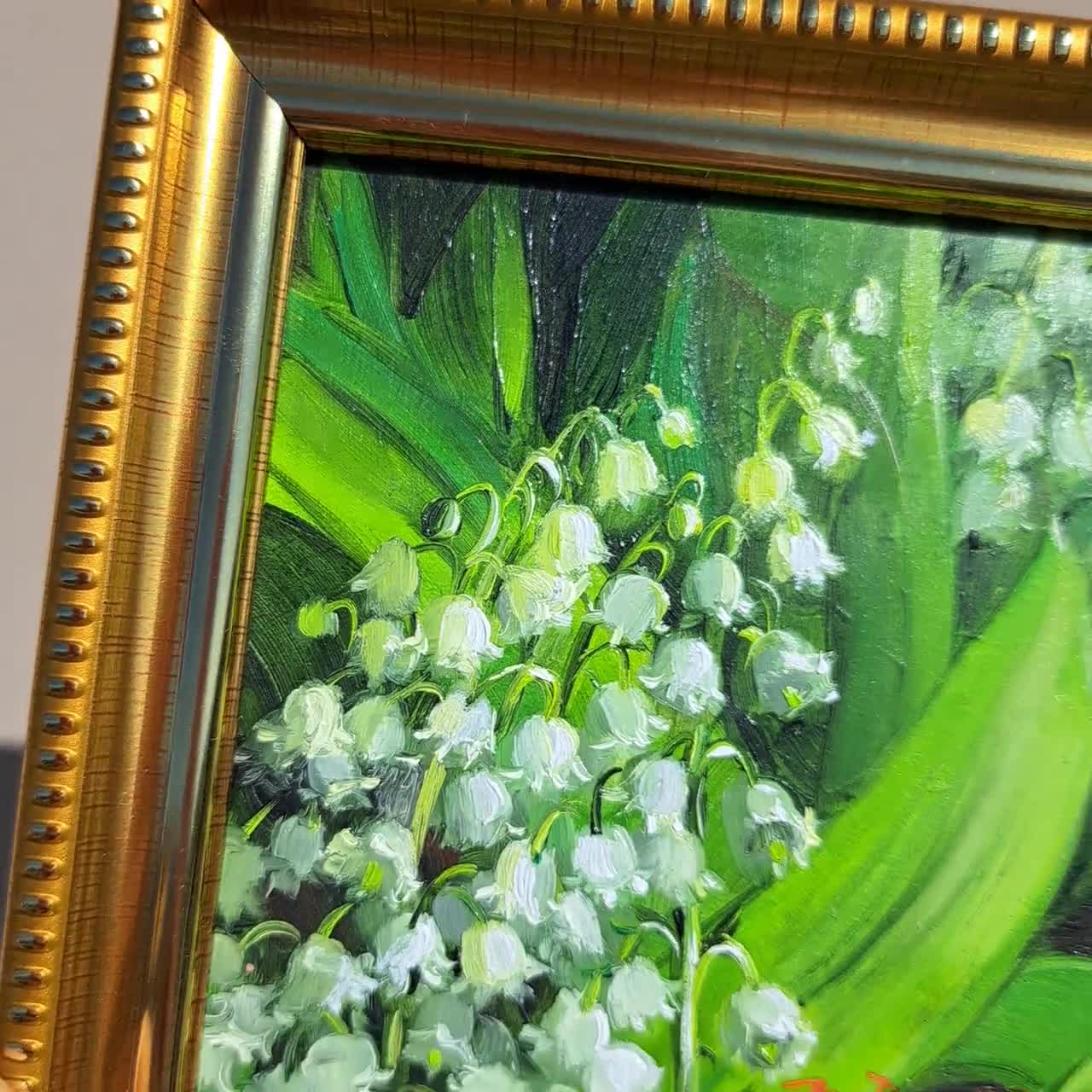 オリジナルのスズランの絵画、4×4インチの額装済み花柄アート作品