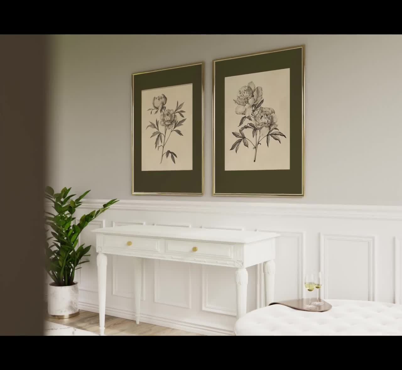 ヴィンテージフラワースケッチプリント2枚セット - セージグリーンのボタニカルウォールアート、ダークグリーンの花柄ドローイングアート、ボタニカルプリントセット WG109 video poster