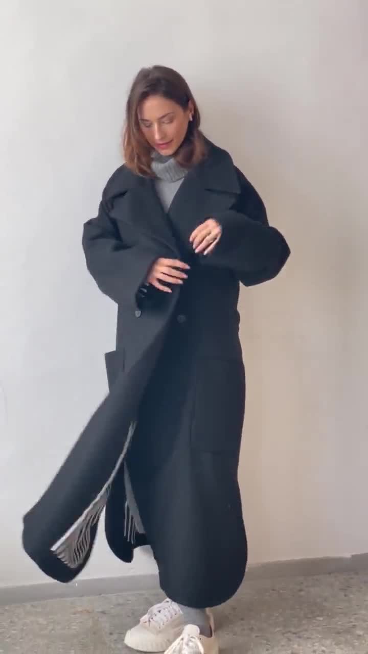 Oversized Lightweight Wool Coat for Women, Black Wool Trench Coat