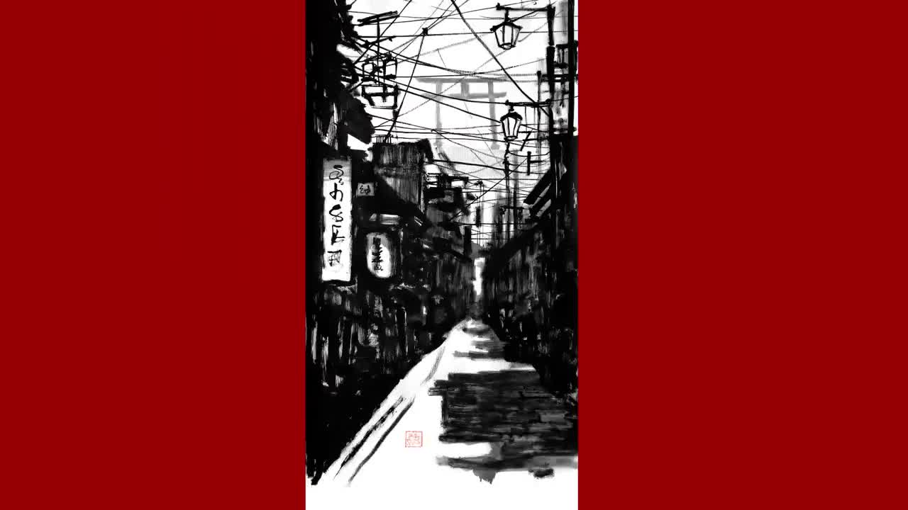Black Street | Original Sumi-e Painting – Japanese Ink Art by