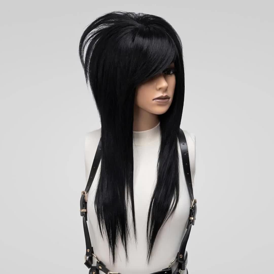 Emo Scene Cosplay Wig Commission Black Straight Long Wig with Bangs Glueless Halloween Drag Queen 80s Styled Costume Wigs for White Women