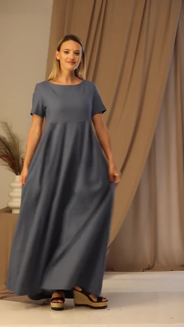 Minimalist Empire Line Linen Dress, A-line Maxi Summer Formal
