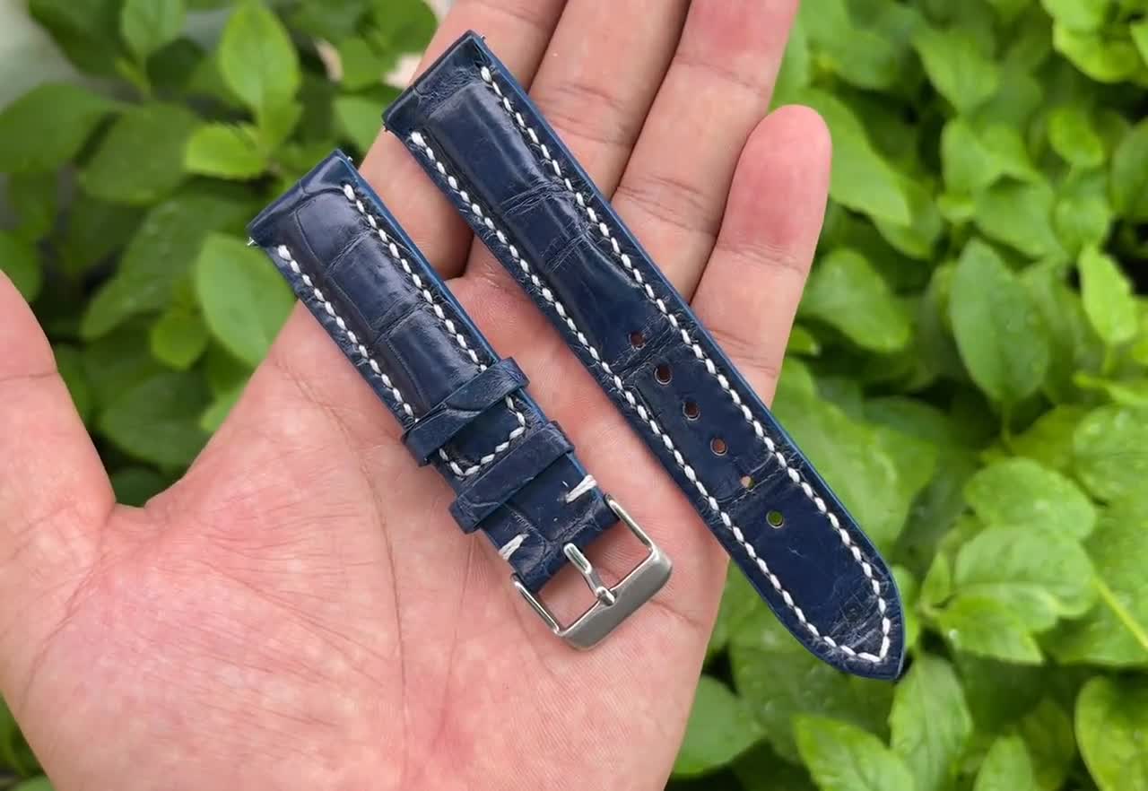 vinacreations Navy Blue Alligator Leather Watch Band | Crocodile Quick Release Replacement Wristwatch Strap | DH-39, Navy Blue / 22mm/20mm / Regular Length (125mm