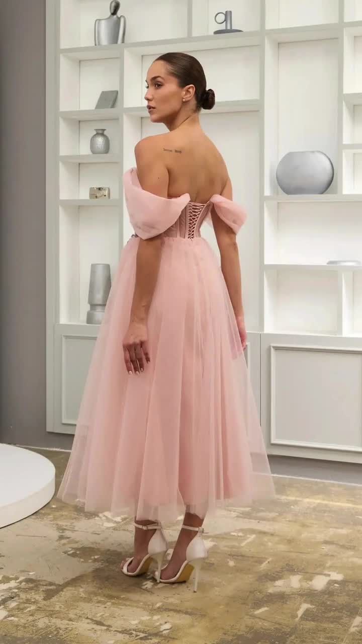 Blush Pink Tulle Midi Dress: 3D Lace Off-shoulder Formal Gown - Etsy