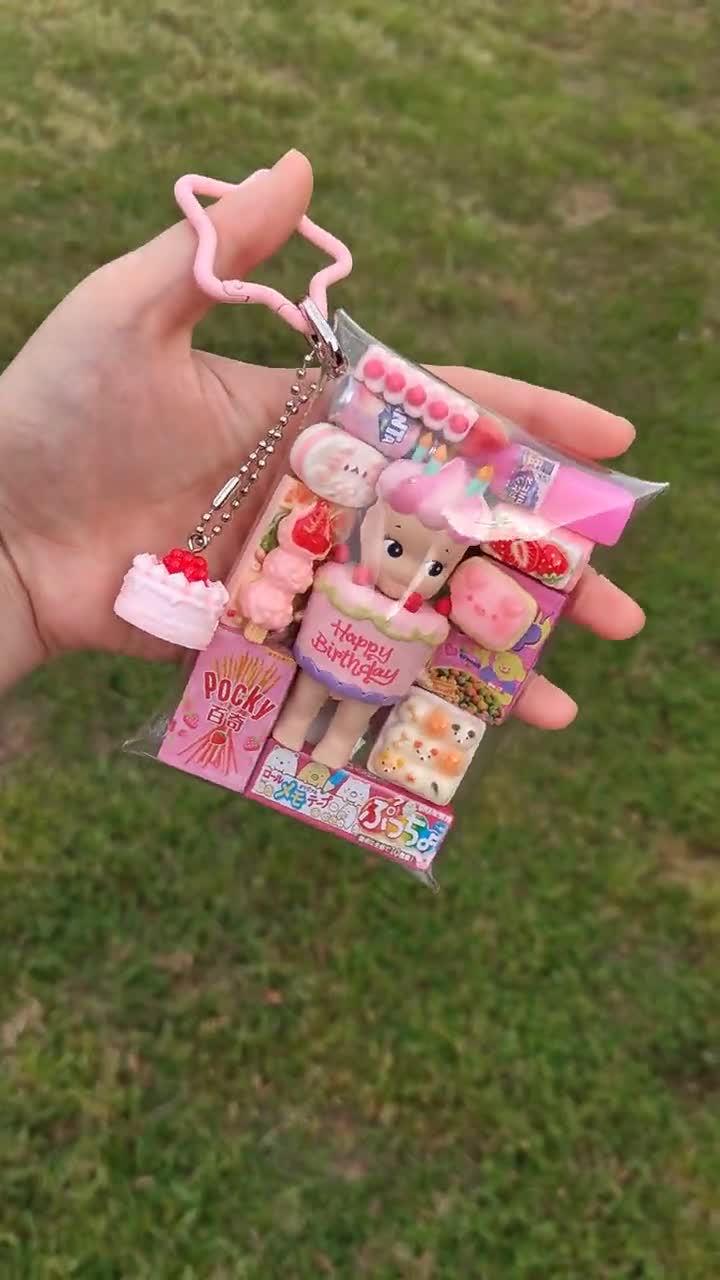 Authentic Sonny Angel Cake Trinket Pouch | Miniature Japanese Keychain Keyring | Kawaii Toy Gashapon Snack Bag Charm | Upcycled video poster