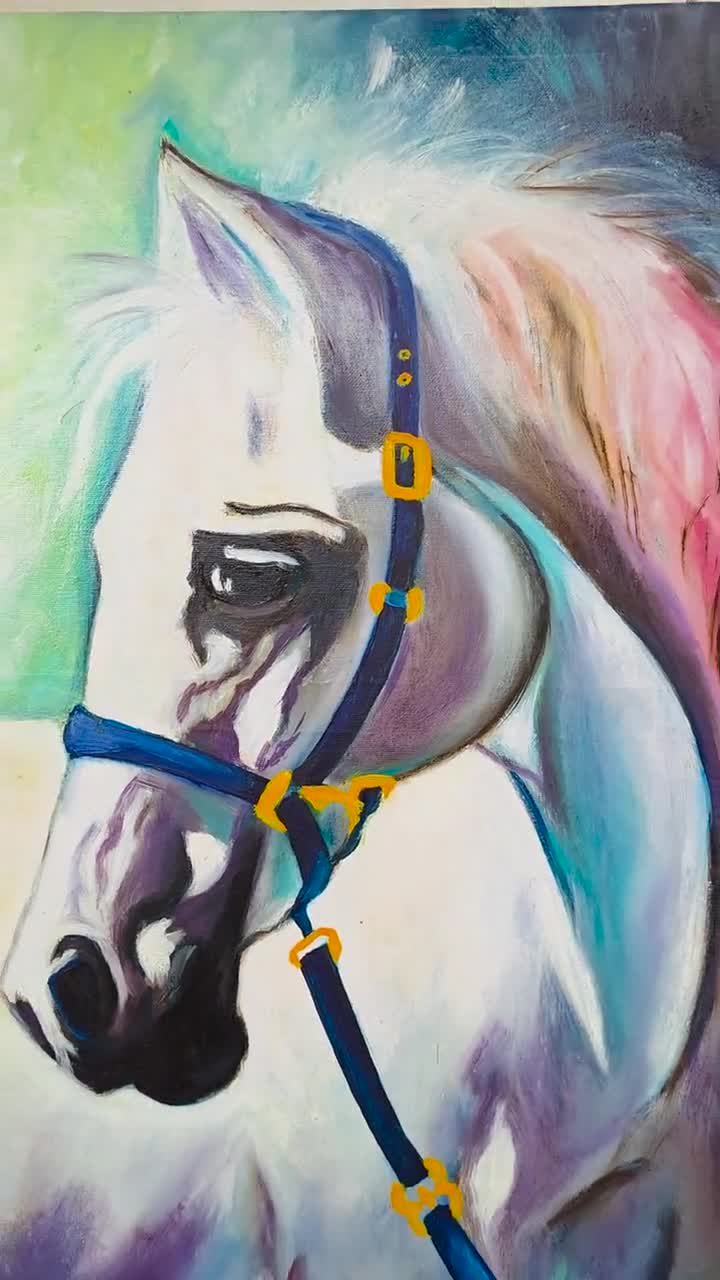 オリジナル油絵 白馬肖像画、表現力豊かな馬のアート、モダンな壁飾り