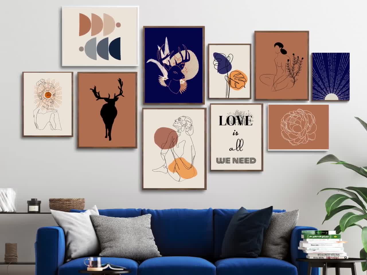 Mid Century Wall Art Set of 5, Abstract Boho Art Set of 5 Prints