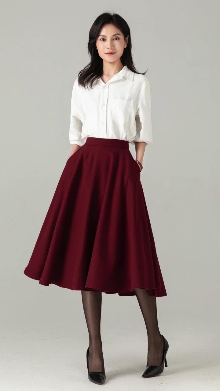 Burgundy Wool Midi Skirt: High Waist Winter A-line Swing Skirt