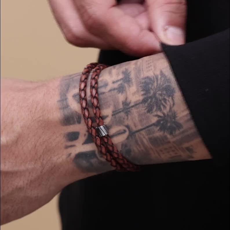 Monogram Patroon met V - Leren Armband voor Heren - Zwart met Grijs - Armband  Heren 