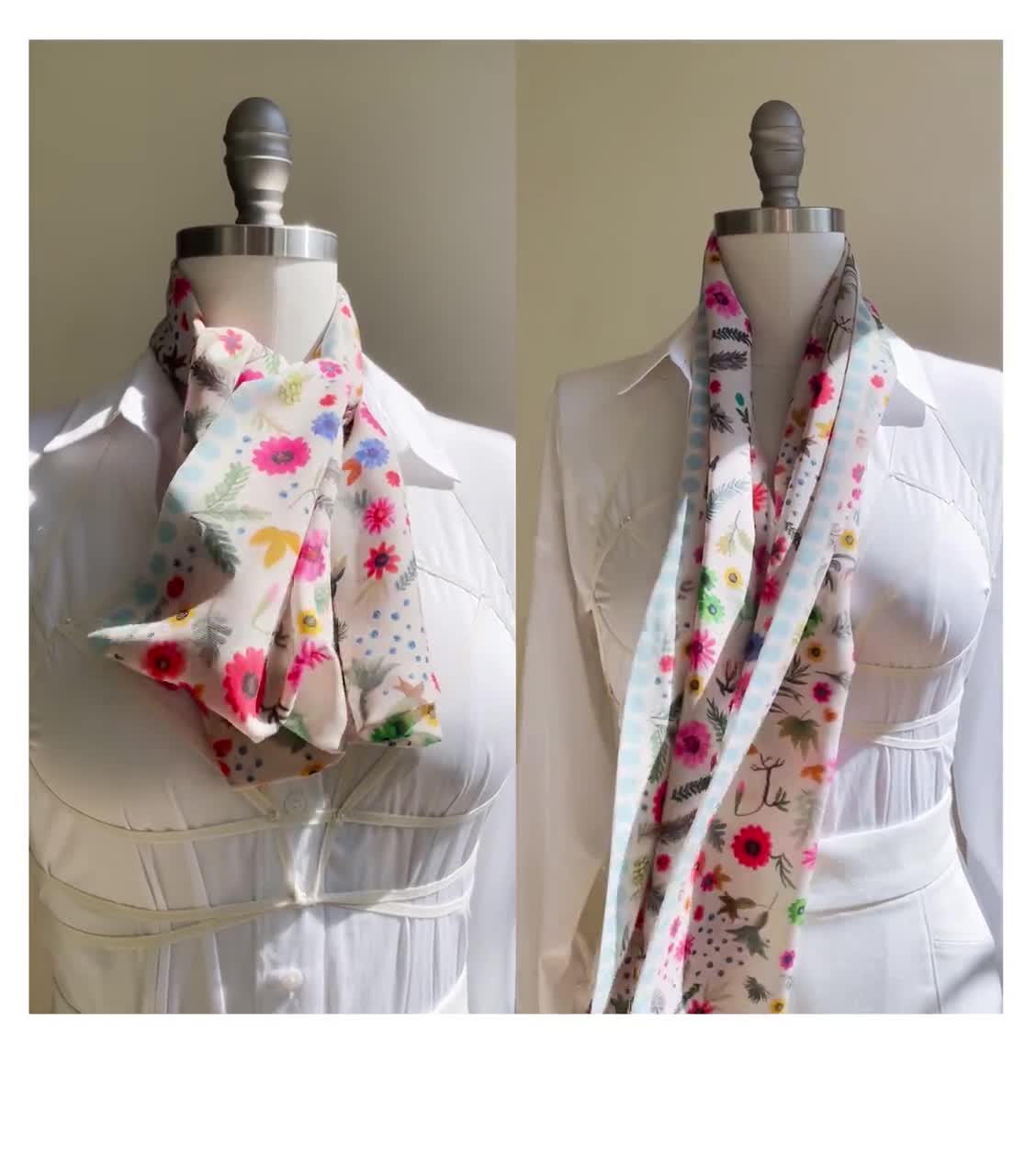 White & Blue Floral Print Neck Scarf - 100% Silk | Hawes & Curtis