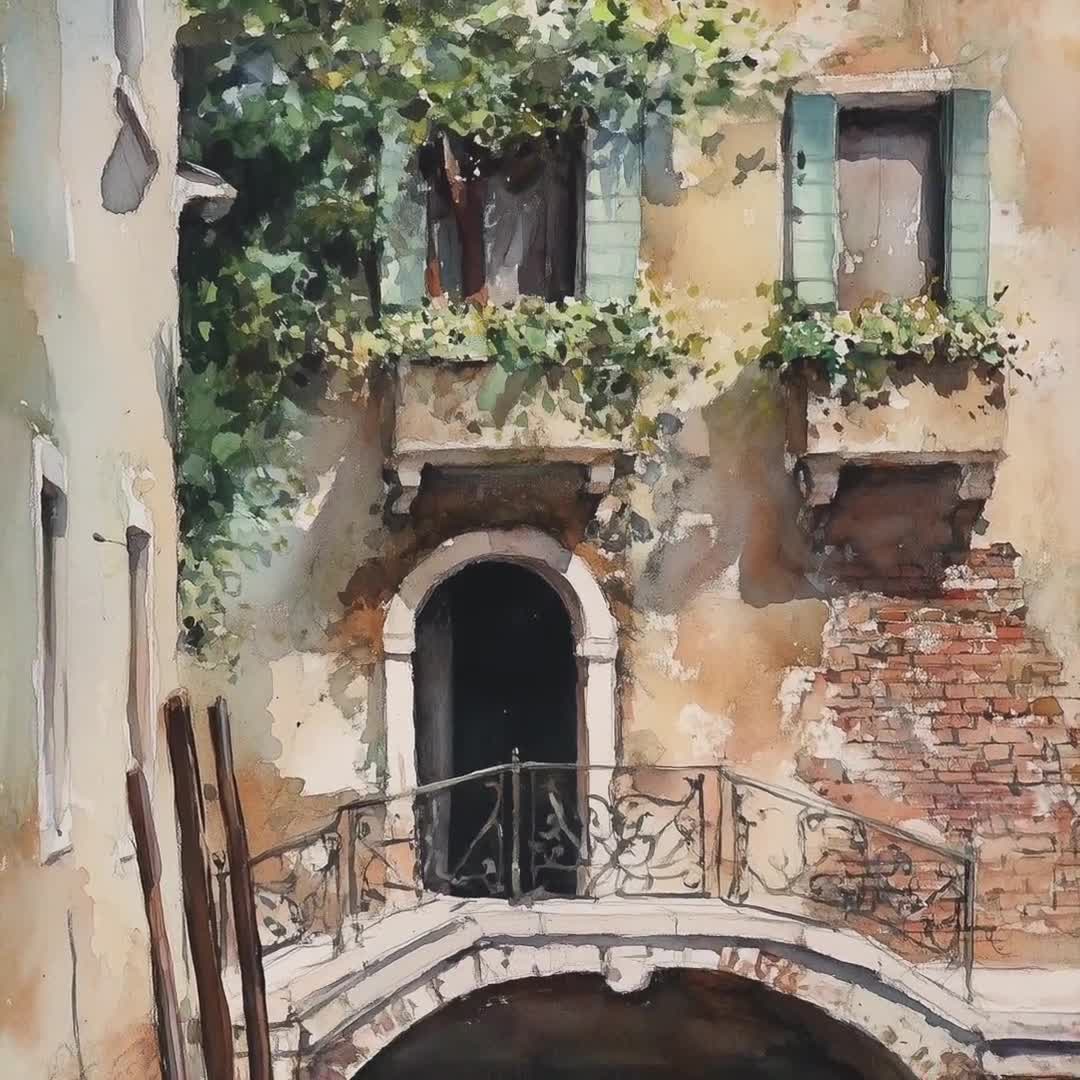 水彩画「ヴェネツィア」プリント：イタリアの運河の風景、ヨーロッパの