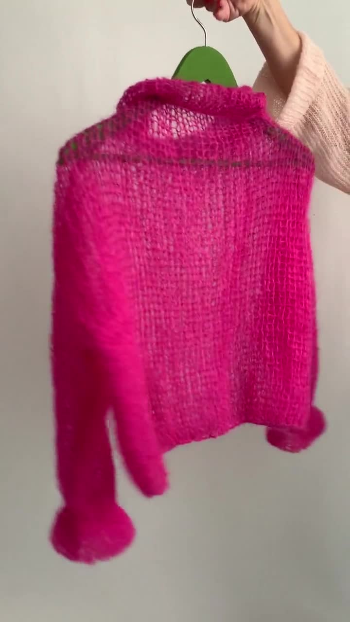 Bright fuchsia pink sweater Turtleneck mohair sweater Loose handknit  sweater Soft sexy wool sweater Stylish oversized knit sweater