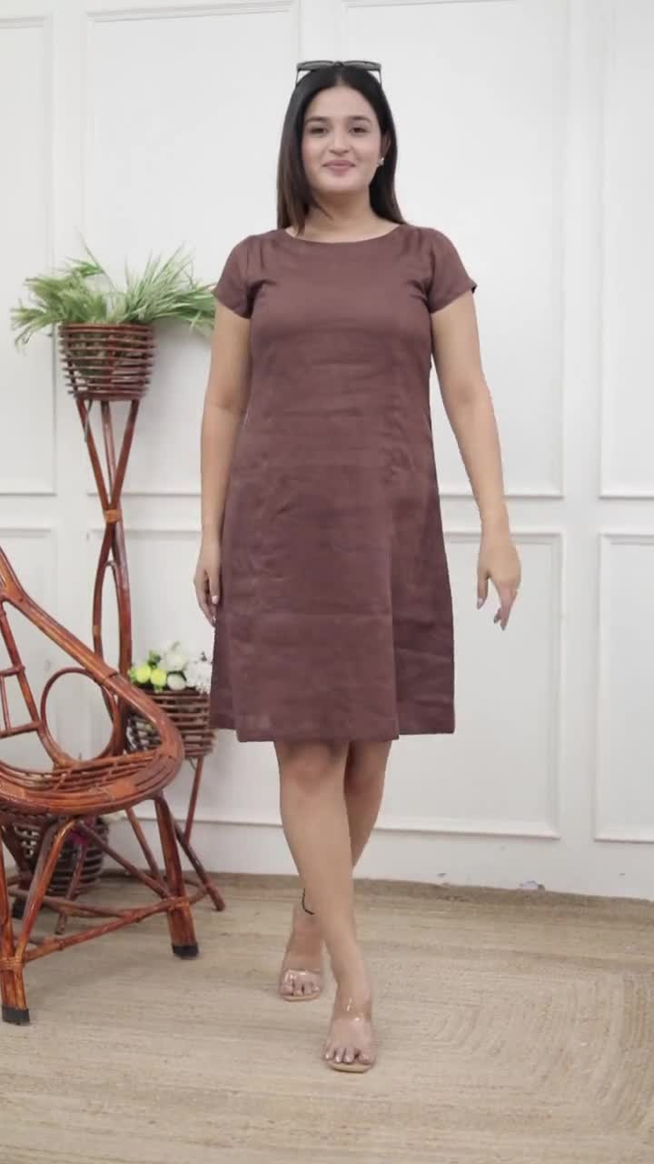 Brown Linen A-Line Dress Wonen, Minimalist Cottagecore Summer Style