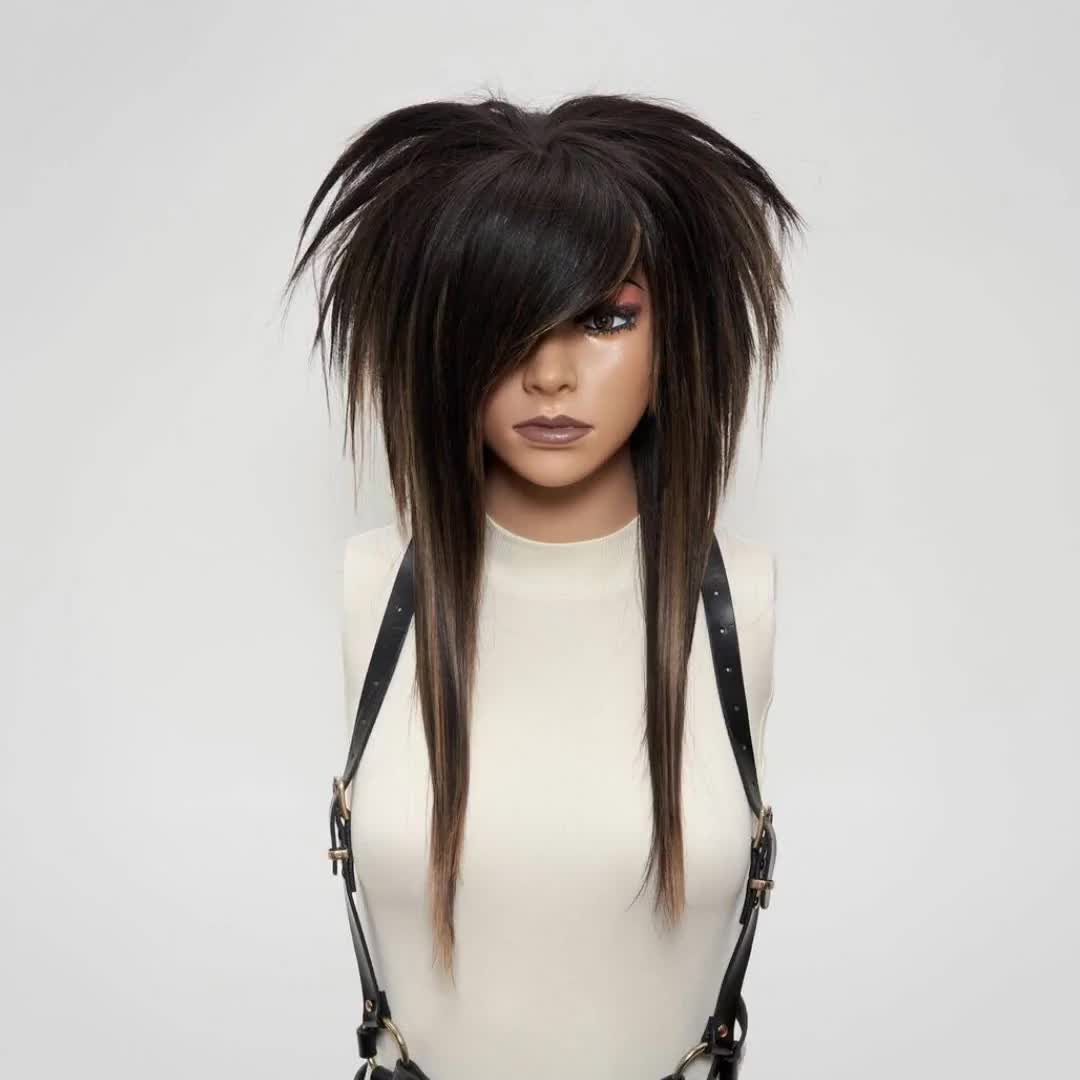 Scene Wigs Styled Cosplay EMO Brown Light Dark, Spiky Straight Long Wigs  with Bangs Glueless, Anime Alternative Goth Hair Alopecia Men Women