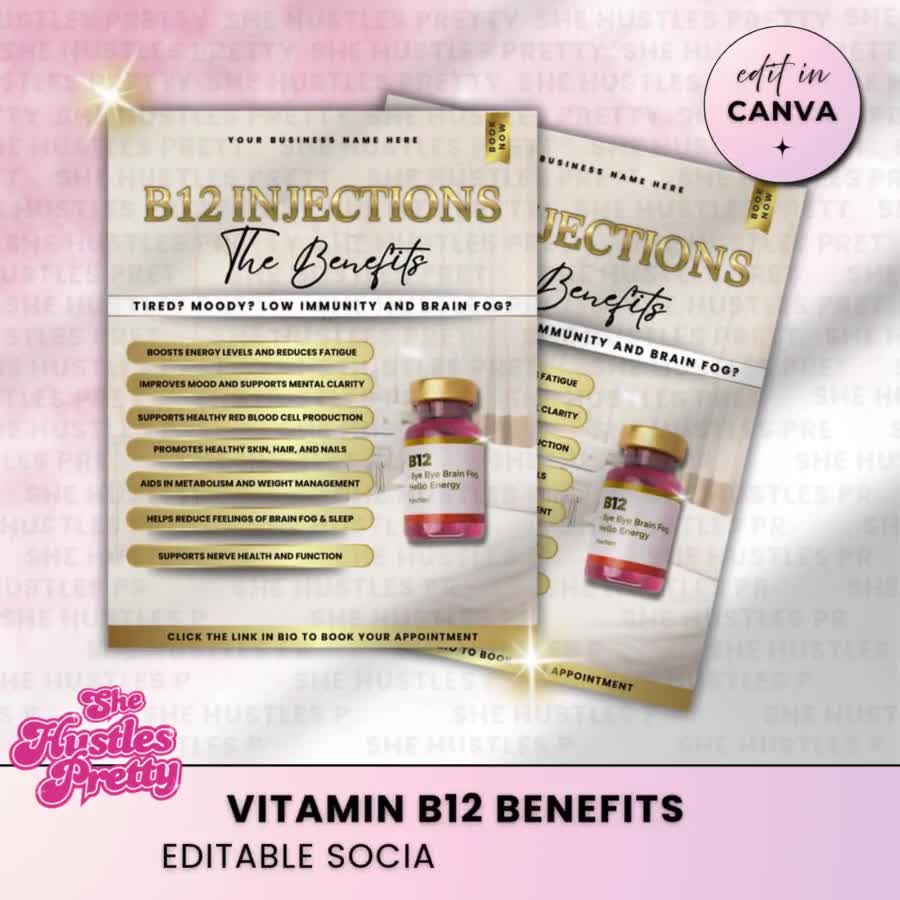 B12 Injection Benefits Social Media Template | Salon Marketing | Nurse  Injector Editable Canva Post | Beige and Gold Branding | BEG