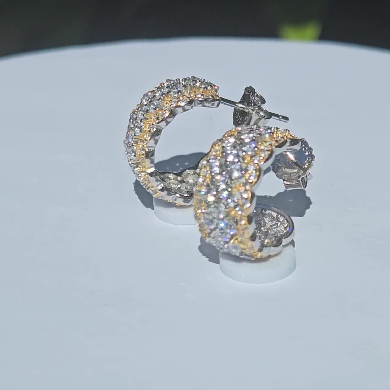 Retro Baroque Lace Earrings, 925 Sterling Silver, Two-Tone Florentine Style Hoop Earrings, White Zirconia, Wave Net Pattern, Filigree Italian Moissanite video poster