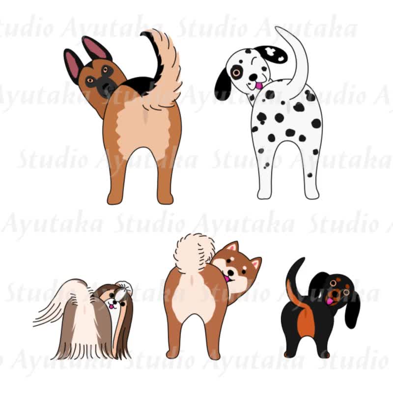 お尻を向けた可愛い犬のセット/11 Funny Cartoon Dogs Looking Back