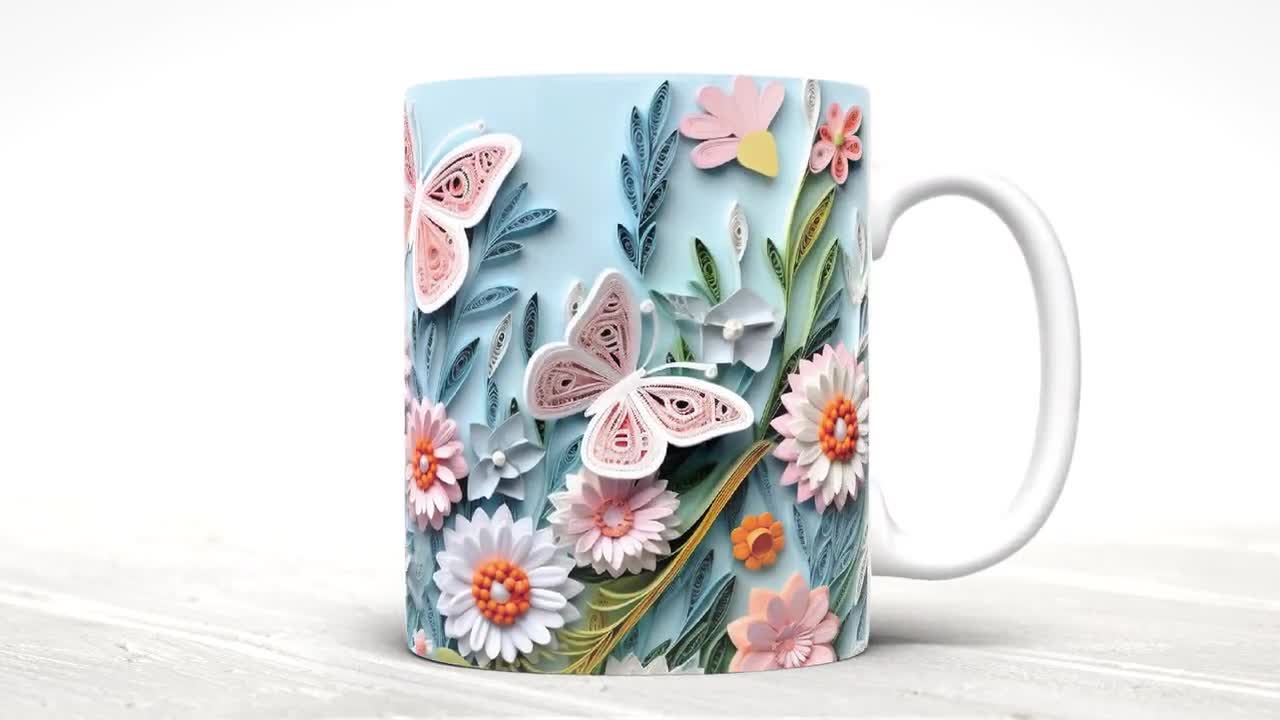 3D Butterfly and Flowers Mug 3D Mug Design Coffee Mug Sublimation 11oz &  15oz Mug Sublimation Wrap Cricut Mug Press Wrap 3DM01 