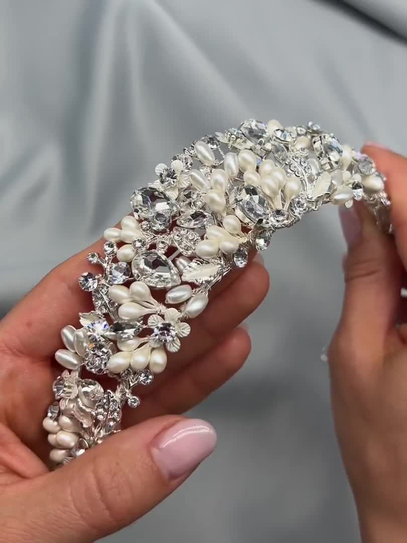 Diadema Nuziale Barocco Con Perle E Strass – Corona Da Sposa O Damigella In Blu Oro, Elegante E Luminosa