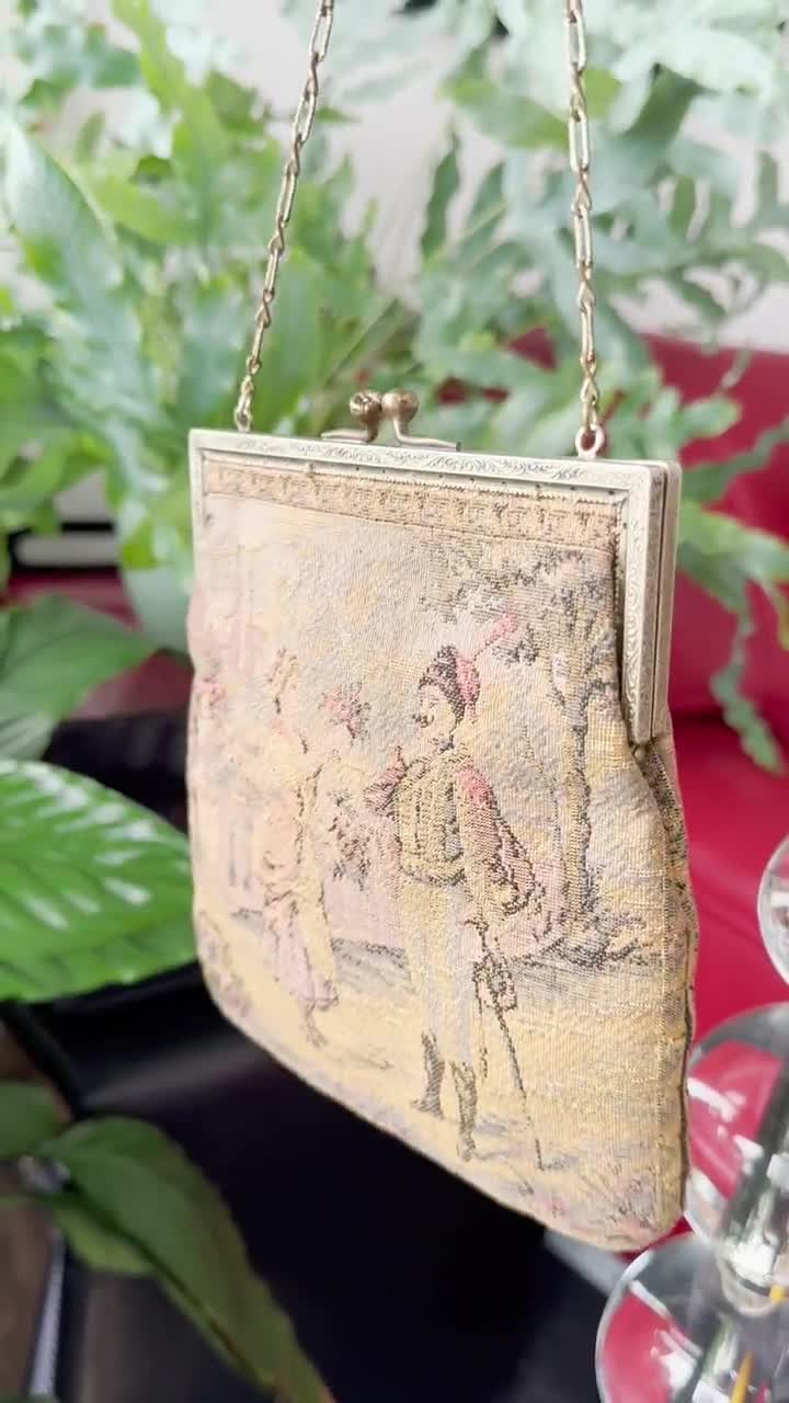 Lost in Vintage French Tapestry Figural Purse Metal Frame Aubusson