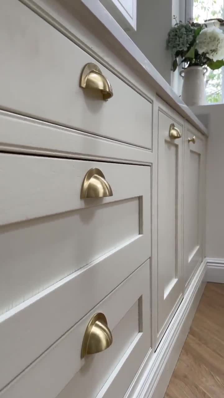 Brushed Brass Cupboard Handles & Knobs Kitchen Minimal Cabinets Door Cup  Pulls Drawer Shaker Minimal Shaker Style Gold Cup Pull Bin 