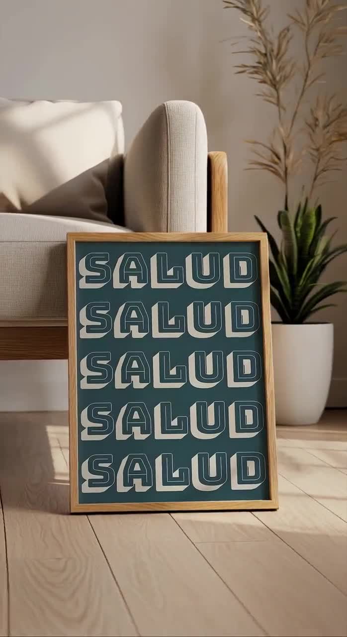 Retro Salud Typography Art Print, Spanish Cheers Kitchen Wall Art, Mid Century Modern Bar Decor, Petrol Blue Teal Quote Poster, Boho Gift video poster
