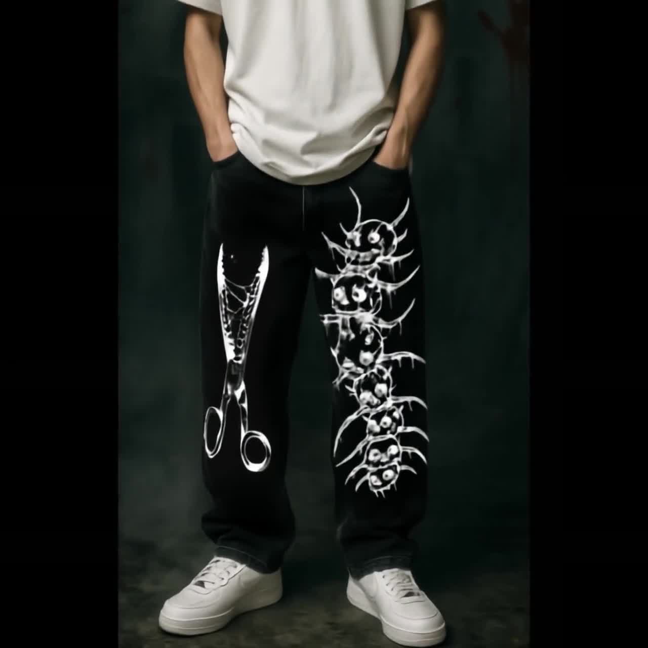 Hand Painted Y2K Grunge Jeans: Black Baggy, Horror Thriller Denim