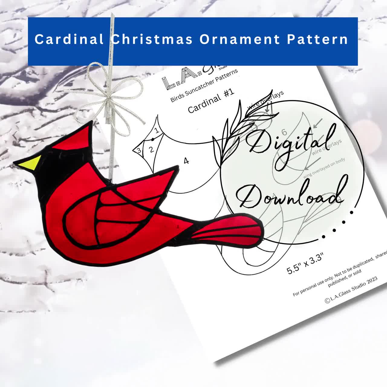 Cardinal Christmas Ornament Stained Glass Pattern, PDF Instant Download,  Hobby License, All skill levels, Beginner Pattern, Print at Home,