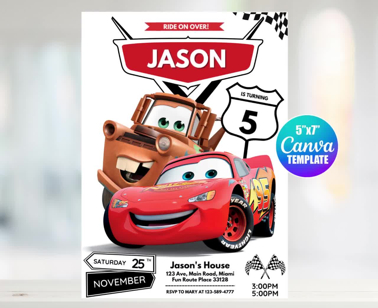 Invitación de cumpleaños editable de Cars, plantilla de Canva, tamaño  móvil, etiqueta con la frase \, image size:1280x1042