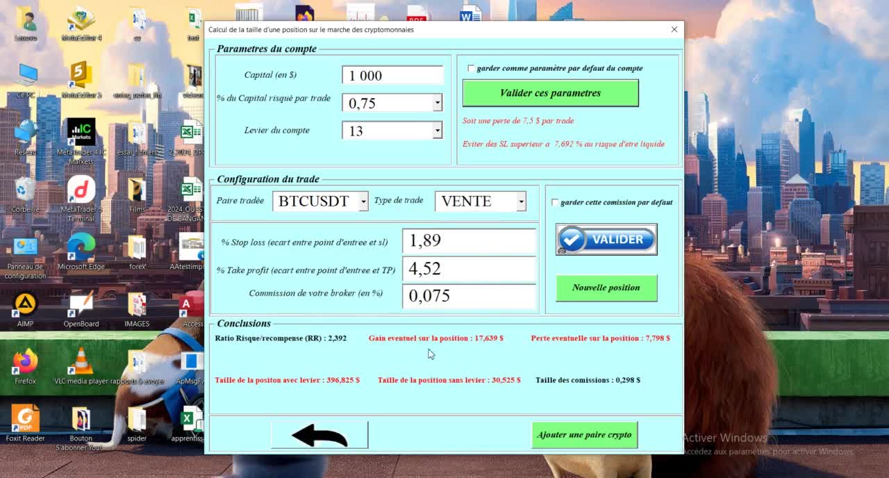 Cryptocurrency trading application to calculate the size of your positions