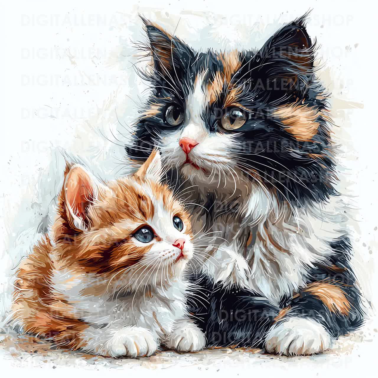 水彩画の猫と子猫のクリップアート：ジャンクジャーナル、子供部屋の