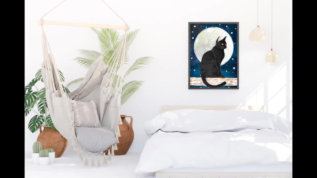 Stampa Su Tela Gatto Straordinario 30x40 Cm – Quadro Mistico Con Gatti, Luna E Stelle Per Decorazione Camera Da Letto O Soggiorno