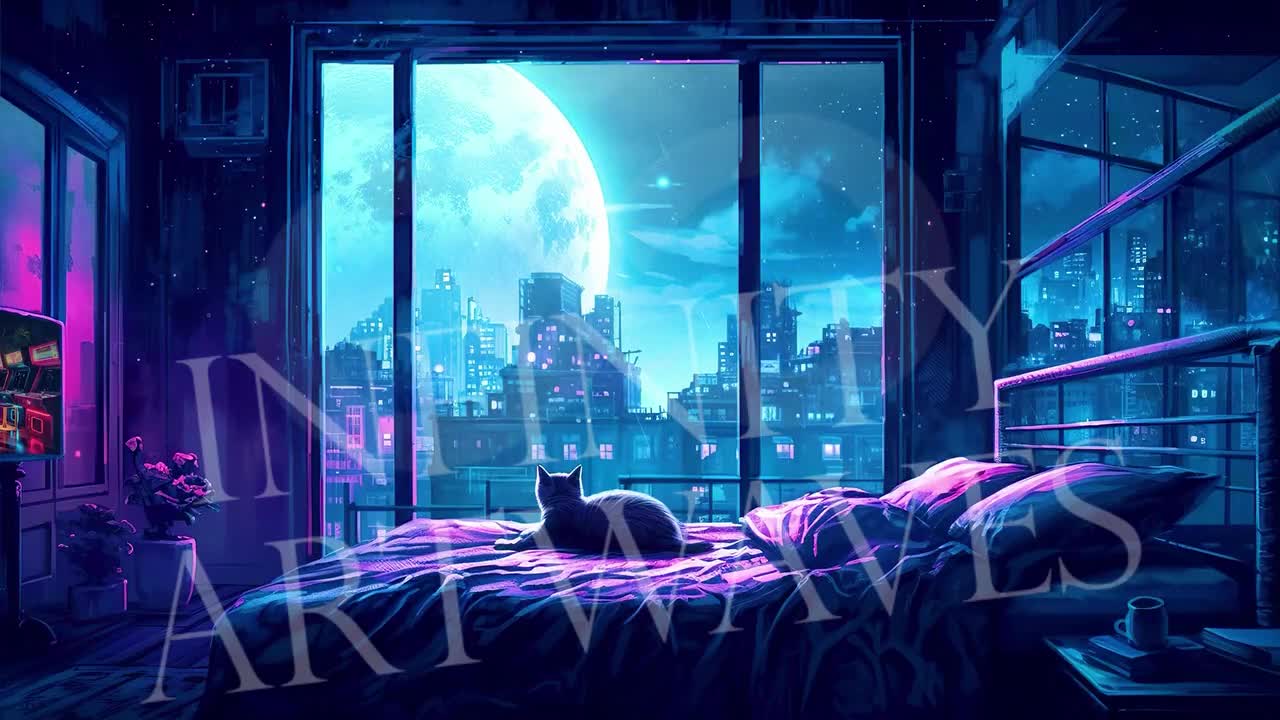 Cyberpunk Bedroom Cat Night Sky Animated Background Video 