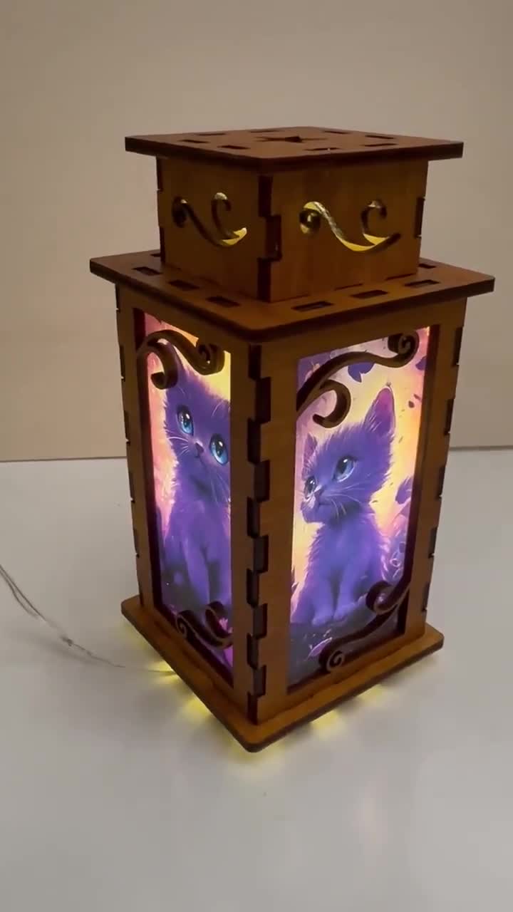 Cute Cat Night Lamp Lantern, Small Kitten Wooden Lamp, Unique Cat Gift,  Wood Home Decor Lantern, image size:720x1280