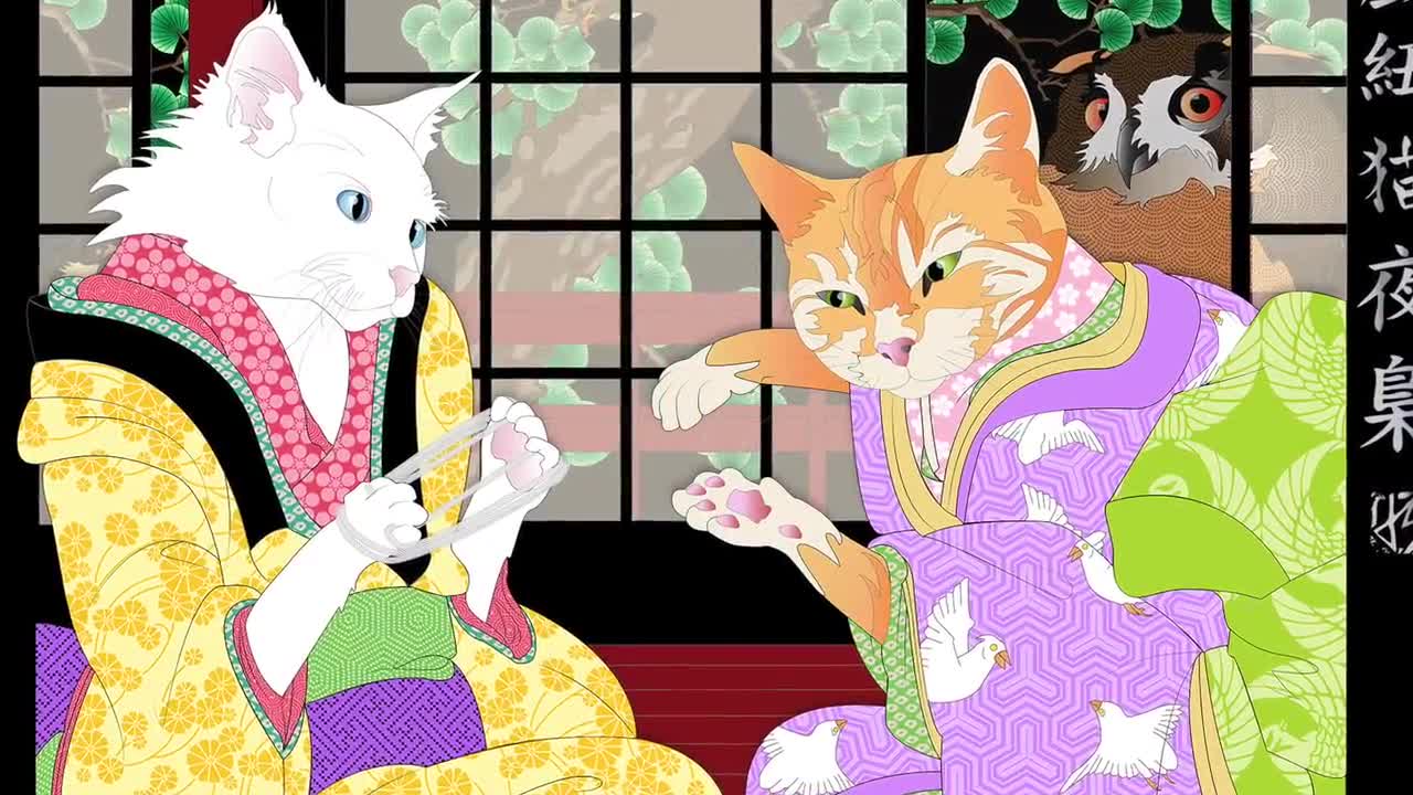 CUNA DE GATO, Impresión artística en metal o giclée, Arte de gatos, Tradición japonesa, Cuentos de gatos, Búhos nocturnos, Gato pelirrojo, Gato atigrado naranja, Gato de angora, Búho, 猫 video poster