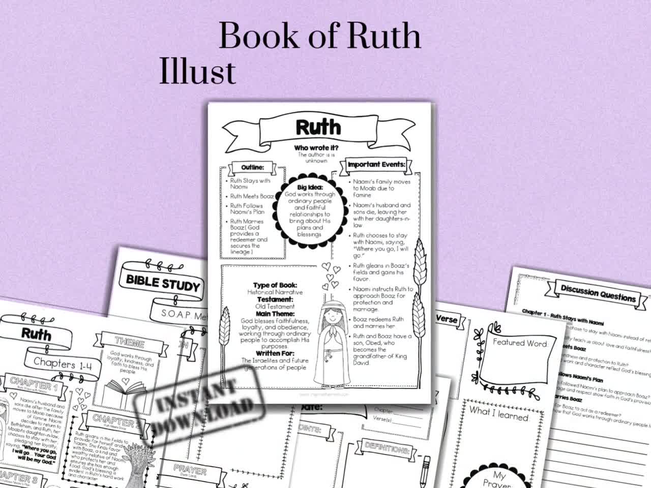Guía ilustrada de estudio bíblico del libro de Rut para niños / Resúmenes de capítulos / Libro cristiano para colorear imprimible video poster