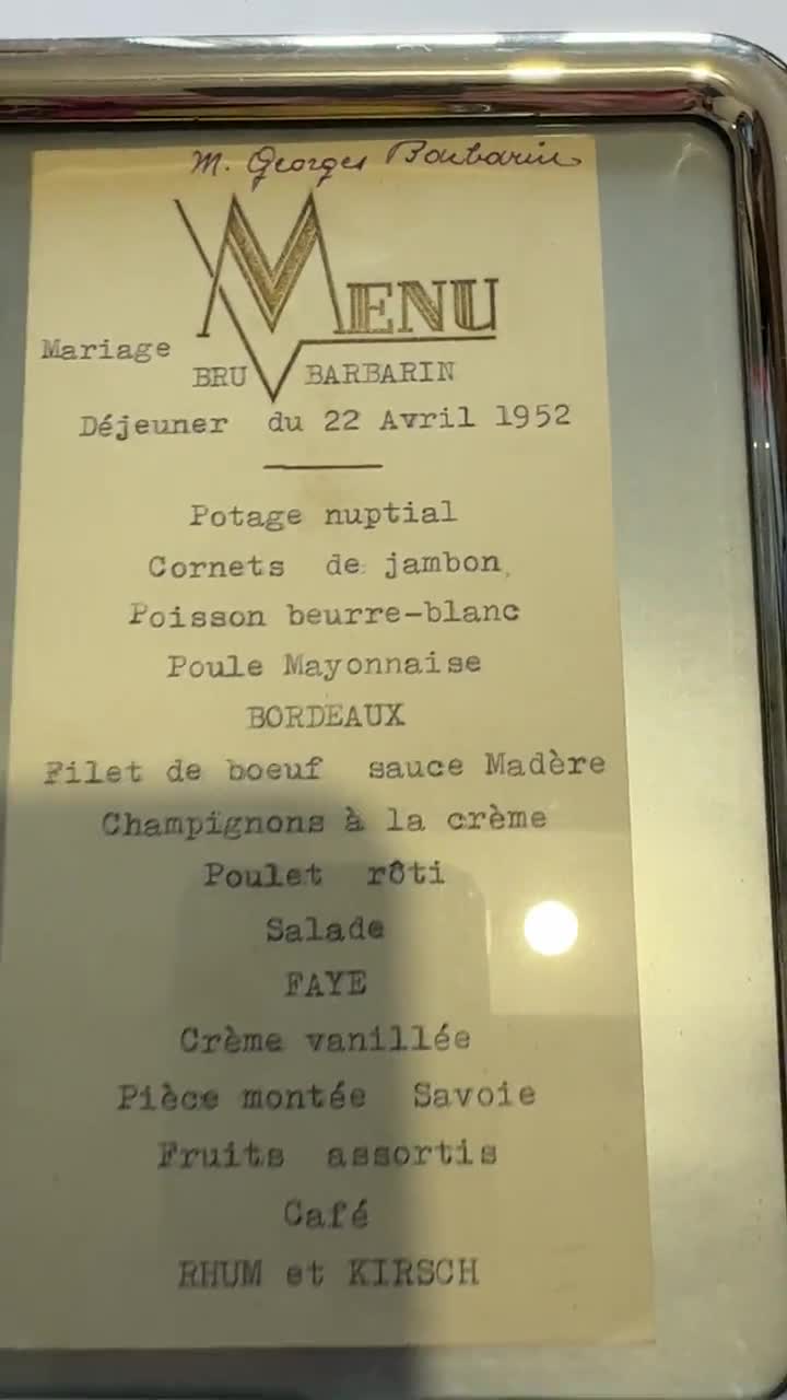 Antique French Wedding Menu 1952 Framed, Mid Century French