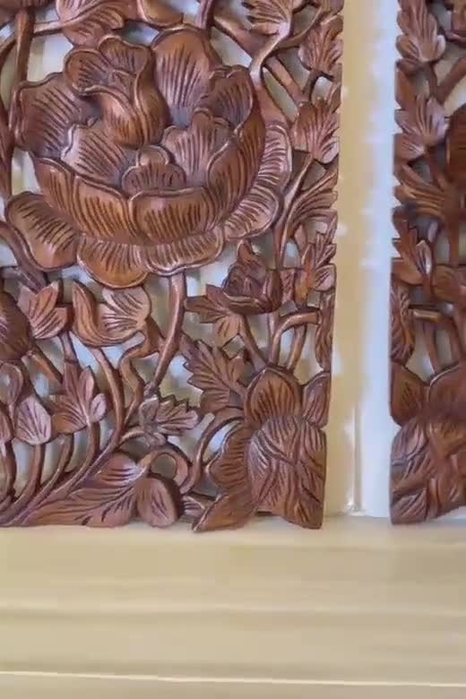 Pair Large Wooden Carved Flower Roses Wood Panel Wall Decor Thai