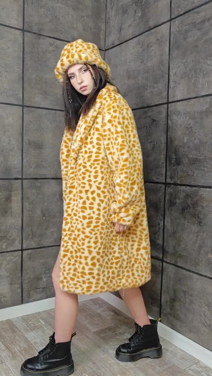 Psychedelic Giraffe Orange Faux Fur Trench Coat, Long Festival