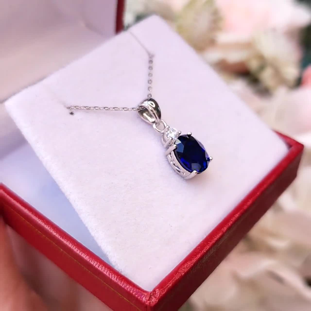 Genuine Lab Grown Royal Blue Sapphire Necklace, 3 Carats Oval