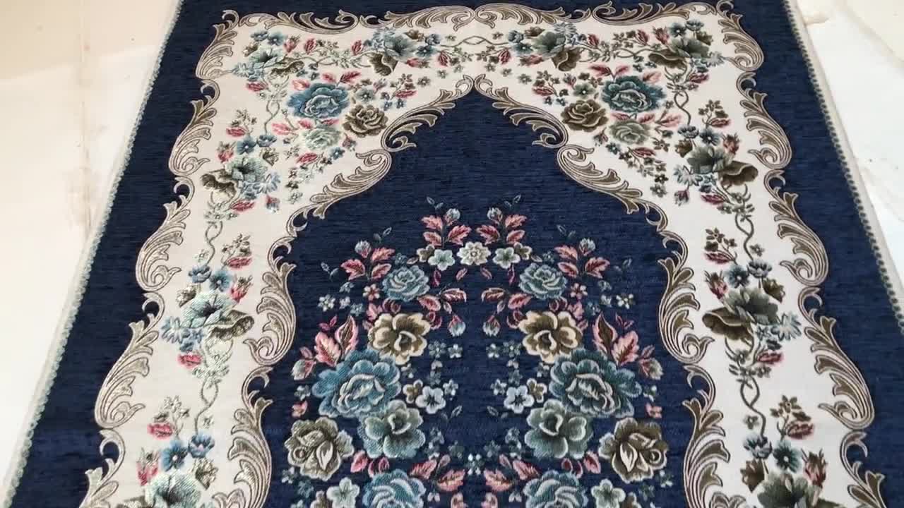 Chenille Luxury Floral Prayer Rug adultlarge Prayer Mat / Janamaz Navy Blue  Size: 125 X 67 Cm Made in Turkey 