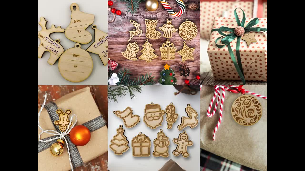 Set of 6 Christmas Hanging Wooden Ornaments, Binswloo Hollow Laser Cutting  Wood Cutouts Gift Tags Pendants Wood Baubles Rustic Reindeer Xmas Tree